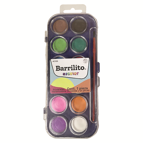 ACUARELA BARRILITO ESCOLAR C/PINCEL 12COL AC12G